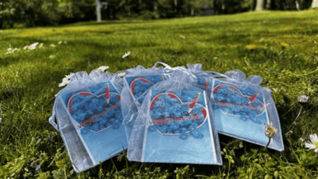 Meerdere zakjes met zaadjes voor vergeet-me-nietjes liggend in een grasveld.