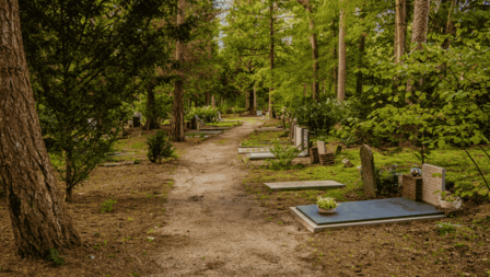 Pad op begraafplaats met boom en graven